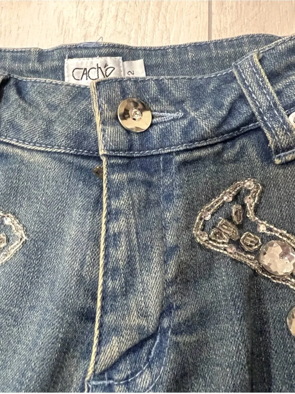 Vintage Cache Y2K Dark Blue Flared Jeans with Silver Rhinestone Embellishment